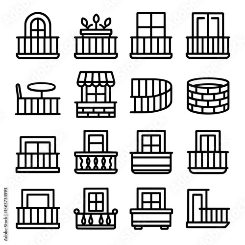 Outline Simple Balcony Icon Set Illustration of Decorative Architectural Elements
