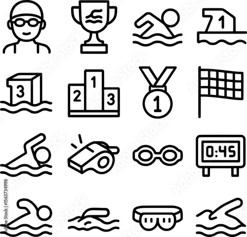 Simple Outline Swimming Competition Element Collection Icon Set