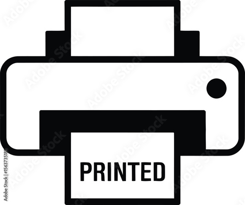 Black and White Icon of a Printer with a Sheet of Paper Displaying the Word Printed isolated on transparent background