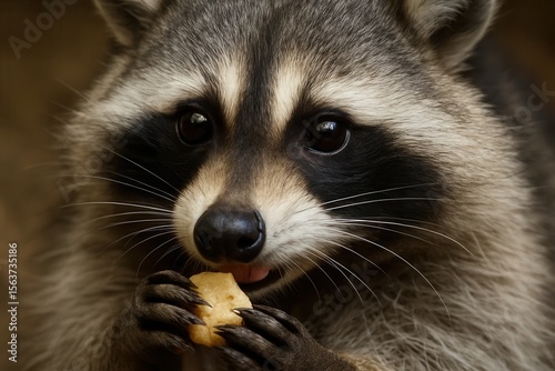 A raccoon eating a piece of bread in its mouth