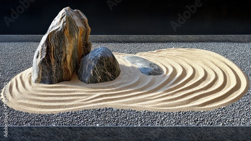 Zen garden raked sand, stones. Minimalist, peaceful