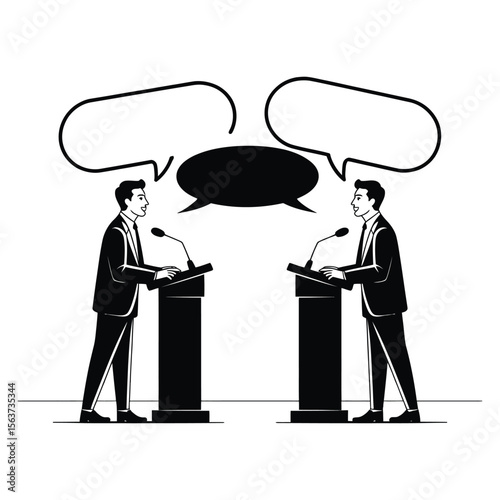 Two Men in Suits at Podiums Engaging in Dialogue Speech Debate Discussion microphones