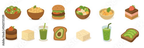 Delicious variety of healthy foods featuring salads, smoothies, and desserts prepared in an appealing layout