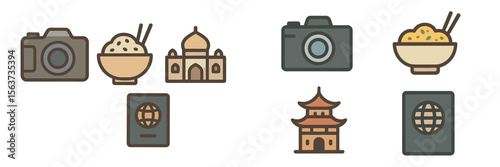 Icons depicting travel essentials including camera, passport, food, and landmarks suitable for wanderlust enthusiasts