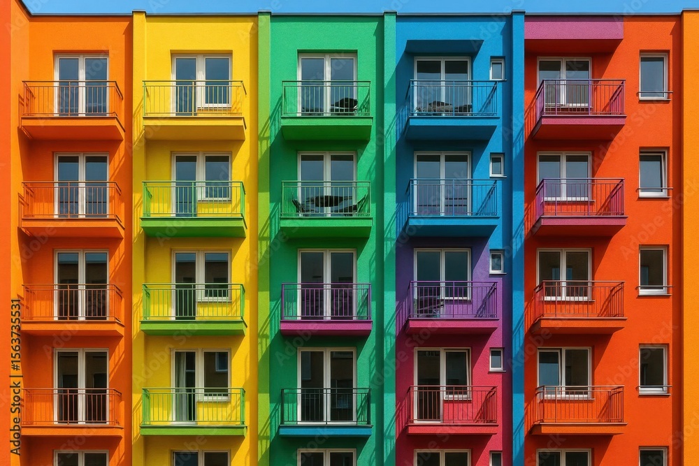 Fototapeta premium A multi-colored building with balconies and balconies on each side