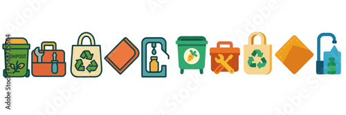 Collection of eco-friendly icons representing recycling, waste management, and sustainable practices for environmental awareness
