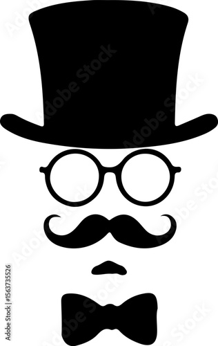 Gentleman Face Silhouette Vector, Vintage Man Icon Design, Top Hat Mustache Vector Art, Retro Gentleman Face Graphic, Old Fashioned Man Silhouette, Classic Hat and Mustache Vector, Beard and Glasses M