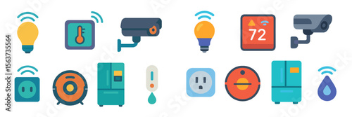 Icons portraying smart home devices like light bulbs, cameras, and appliances for modern home automation systems