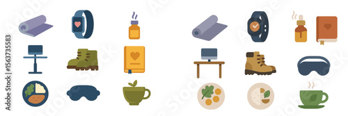 Health and wellness icons illustrating a balanced lifestyle with exercise, nutrition, and mindfulness practices