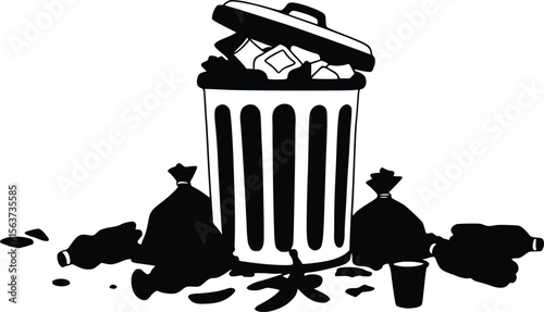 Black and white line drawing of an overflowing trash can with scattered debris