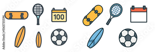 Colorful sports icons featuring tennis, skateboarding, surfing, and soccer themed designs for energetic activities and events