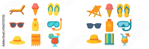 Colorful beach themed icons featuring sunbathing essentials, snacks, and drinks for summer fun at a seaside location