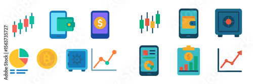 Financial technology icons representing various aspects of digital currency and investment strategies in a modern design layout