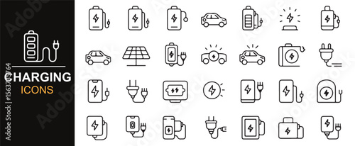 Collection of eco-friendly charging icons, including electric vehicle charging, battery power, and solar energy symbols.