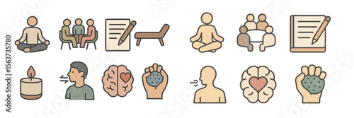 Exploring mental health concepts through symbols of therapy, meditation, and community support in a creative layout