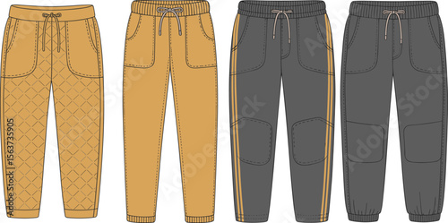 Jogger pants fashion flat sketch, casual streetwear trousers collection, quilted, ribbed cuff, striped and paneled vector design template. flat vector illustration