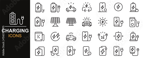 Clean and minimalistic icons depicting charging stations, solar power, and battery energy for energy-efficient design needs.