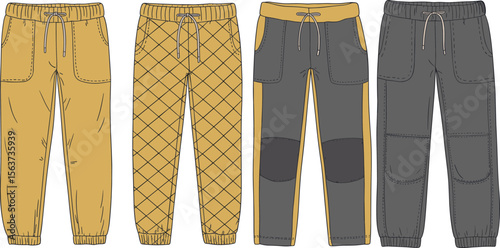 Jogger pants fashion flat sketch, quilted, paneled, drawstring waist, casual streetwear trousers, trendy vector technical design illustration. flat vector illustration