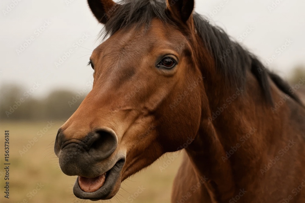 Fototapeta premium A brown horse with its mouth open in a field
