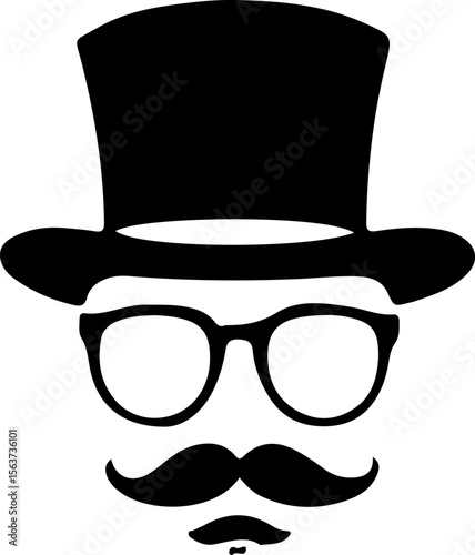 Gentleman Face Silhouette Vector, Vintage Man Icon Design, Top Hat Mustache Vector Art, Retro Gentleman Face Graphic, Old Fashioned Man Silhouette, Classic Hat and Mustache Vector, Beard and Glasses M