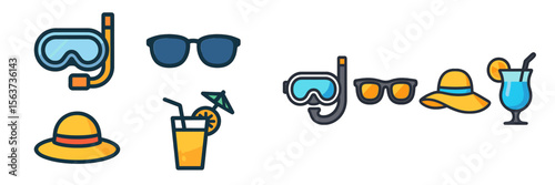 Colorful snorkeling gear and summer accessories arranged in a playful layout for beachgoers in a tropical setting