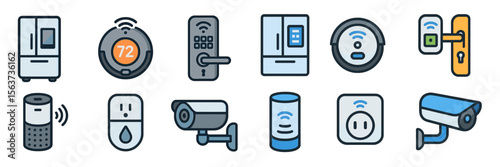 Smart home technology icons showcasing modern appliances and security devices for improved convenience and safety