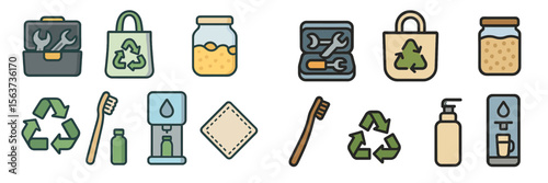 Tools and containers used for eco-friendly practices in daily life activities during daytime