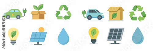 Illustrations of eco-friendly concepts featuring electric vehicles, renewable energy, and recycling icons