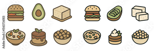 Delicious vegetarian meal options including burgers, tofu, and desserts at a vibrant local market