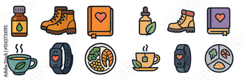 Various health and wellness icons represent self-care activities and products for a balanced lifestyle