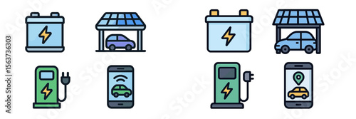 Electric vehicle infrastructure components showcasing charging stations and solar energy options for modern transportation