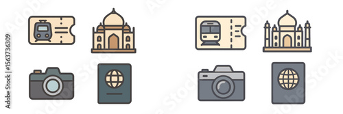 Travel essentials including tickets, camera, and passport featuring iconic landmark representations at a busy station