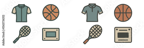 Sport equipment illustrations showcasing various items including jerseys, basketballs, and racquets in a clean and colorful design