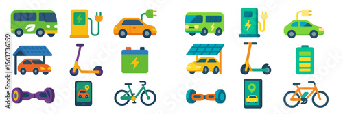Collection of electric vehicles and charging stations in a colorful illustrative style showcasing modern transportation options
