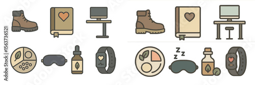 Collection of wellness and outdoor activity icons featuring boots, a book, a computer, and health-related items