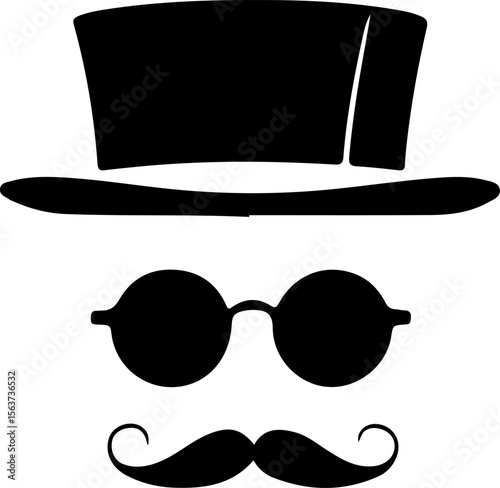 Gentleman Face Silhouette Vector, Vintage Man Icon Design, Top Hat Mustache Vector Art, Retro Gentleman Face Graphic, Old Fashioned Man Silhouette, Classic Hat and Mustache Vector, Beard and Glasses M