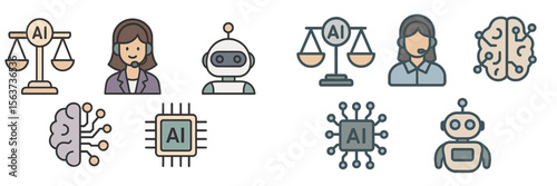 Illustrations representing concepts of artificial intelligence, ethics, support, and technology in modern society