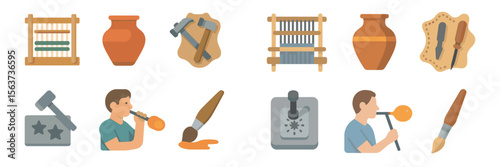 Various tools and crafts used in traditional artisan activities showcased in a modern design setting