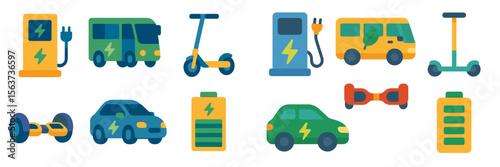 Electric vehicles and charging stations showcase modern transportation options in a vibrant digital illustration