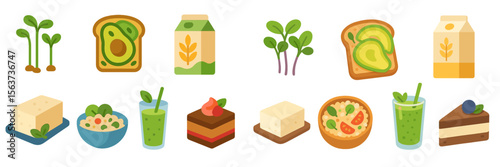 Healthy food illustrations featuring plant-based ingredients and dishes in a vibrant presentation suitable for health-conscious individuals