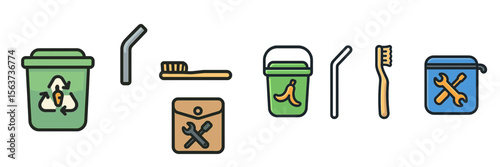 Recycling tools and personal items for sustainable living in a kitchen setting