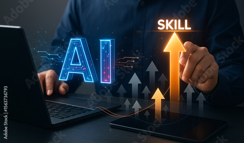 Artificial intelligence and digital skill development concept, person interacting with AI system to enhance professional ability, futuristic learning and technology upskilling interface.