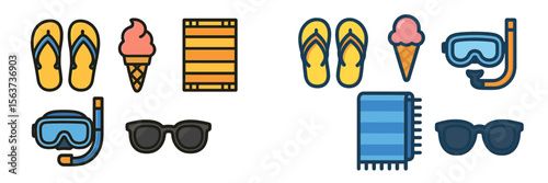 Bright summer essentials for a beach day with flip flops, ice cream, and snorkeling gear