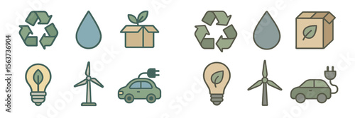 Icons representing sustainability, eco-friendly practices, and renewable energy solutions in a modern design