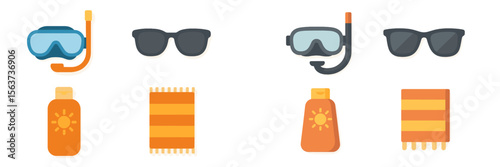 Collection of beach accessories including snorkel gear, sunglasses, towels, and sunscreen for summer fun by the water