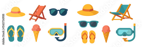 Summer beach vacation essentials including sun hats, sunglasses, flip flops, and snorkeling gear arranged in a flat layout