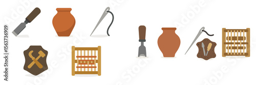 Crafting tools and pottery items arranged in a workshop setting suitable for artisans and craftsmen
