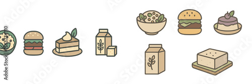 Various types of food items including burgers, desserts, and dairy products displayed in a minimalistic style