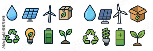 Illustrations showcasing renewable energy concepts and eco-friendly practices in a modern design style