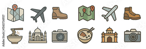 Travel symbols with landmarks, meals, and activities representing adventure and exploration in various locations